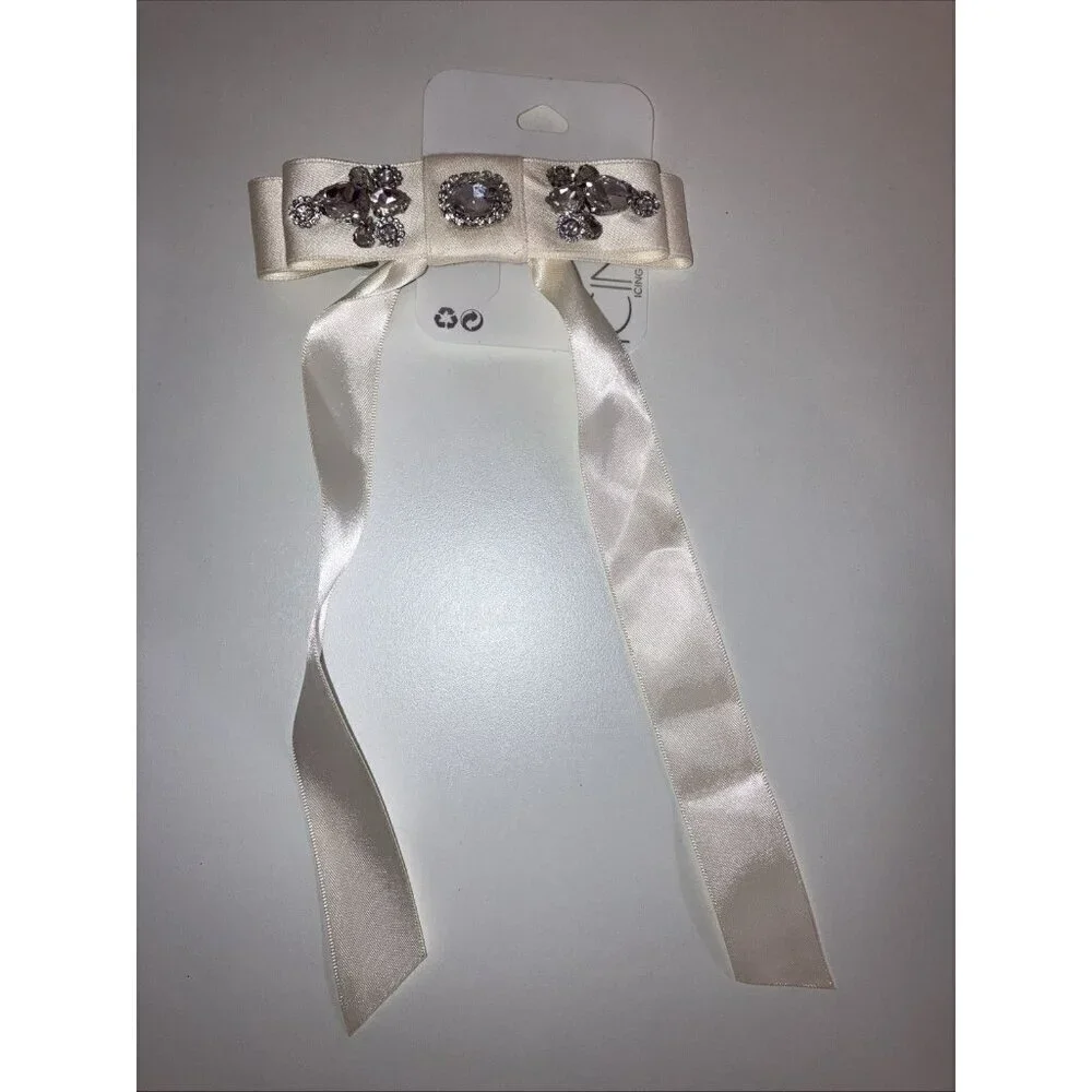Icing 2 Piece Hair Ivory Rhinestone Studded Satin Long Tail Hair Bow Clip